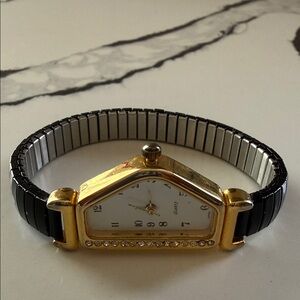 QuartzGold and Black Crystal Accent Stretch Bracelet Watch